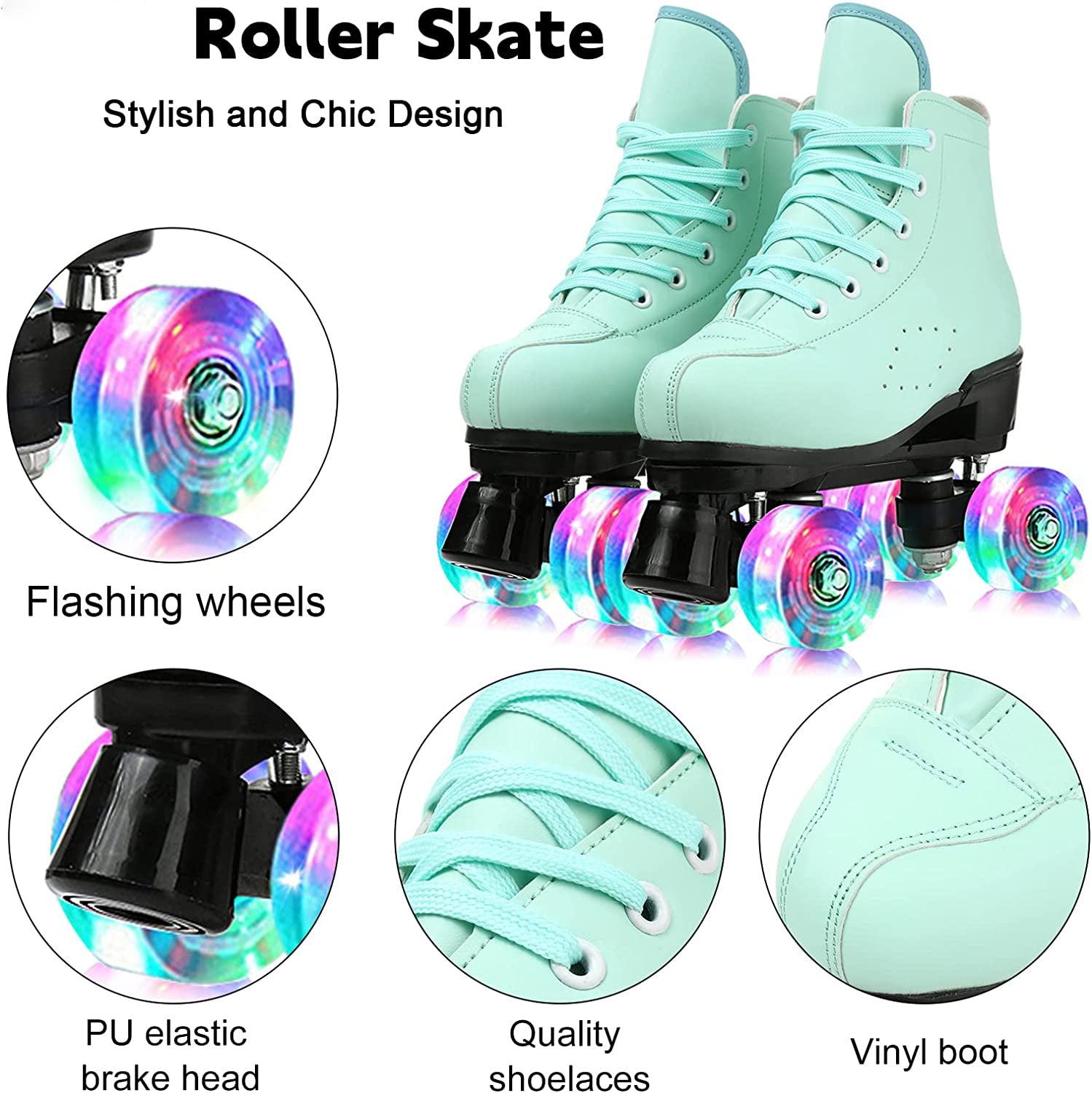 Women's Roller Skates Classic Green Roller Skates High-Top Cozy Shiny Skates for Youth and Adult Unisex， 6.5