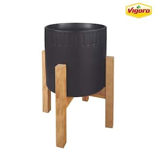 Vigoro 10 in. Clementine Medium Black Ceramic Planter (10 in. D x 16 in. H) with Wood Stand CT826L-MTBK