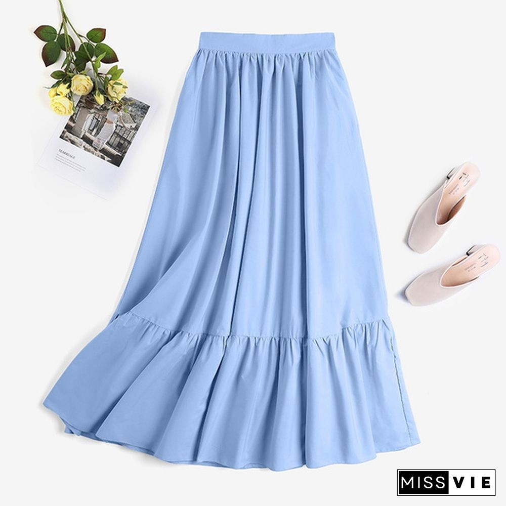 Women Umbrella Long Skirt Dress High Waist Ruffle Hem Casual Pleated Maxi Skirts Plus Size