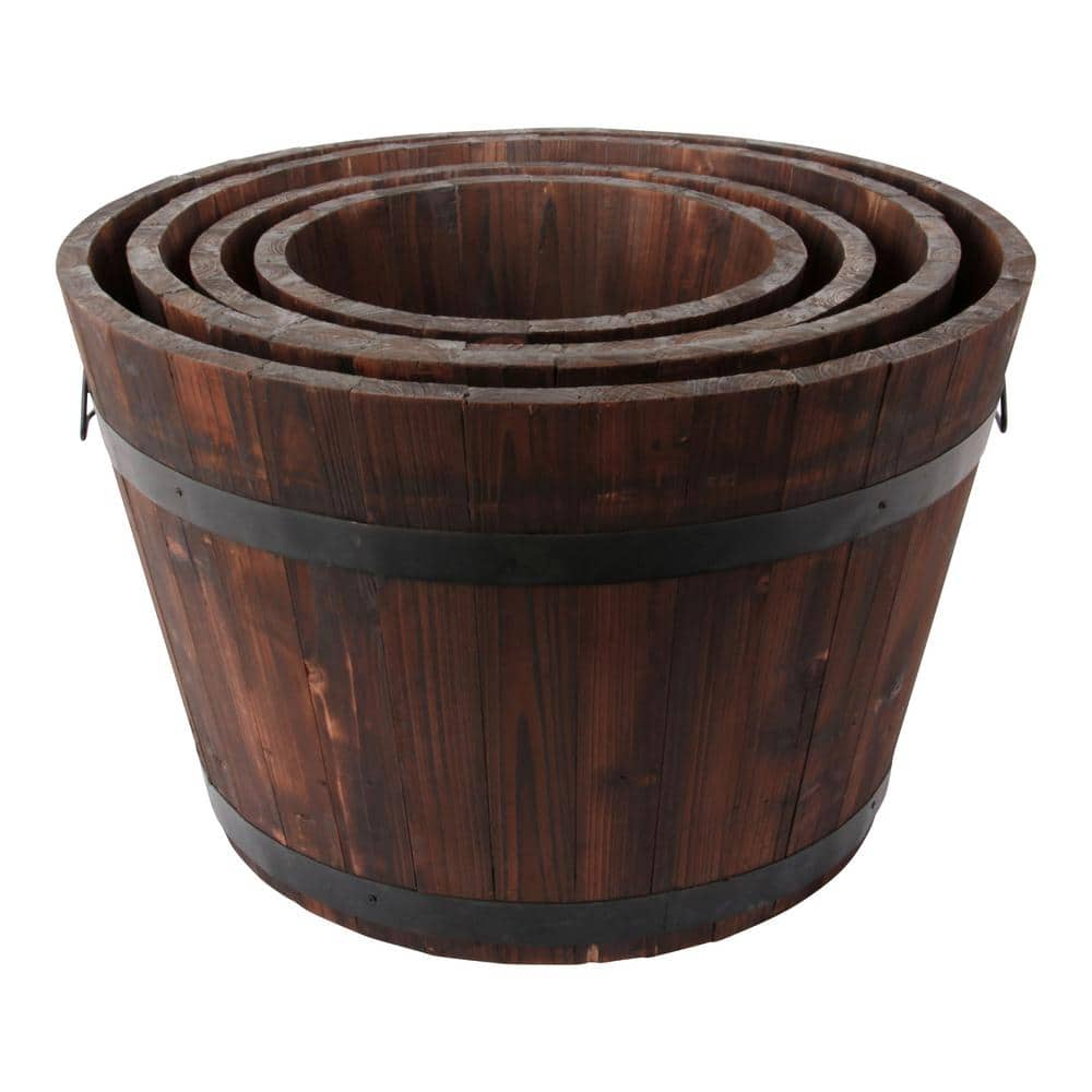 Leisure Season Large Barrel Style 26 in. W x 26 in. D x 17 in. H Round Wooden Brown Planters (4-Pack) BROP101