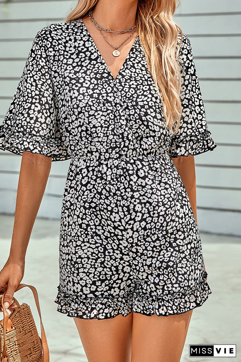 V Neck Printing Short One Piece Jumpsuit