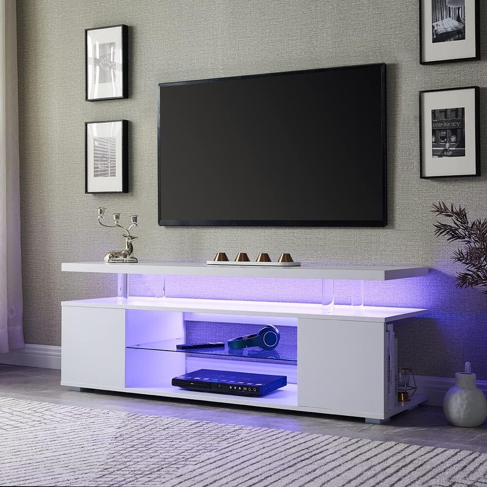 TV Stand Gaming Entertainment Center w/ LED Lights  Media Storage Console Table with Sliding Drawers   Side Cabinets  White