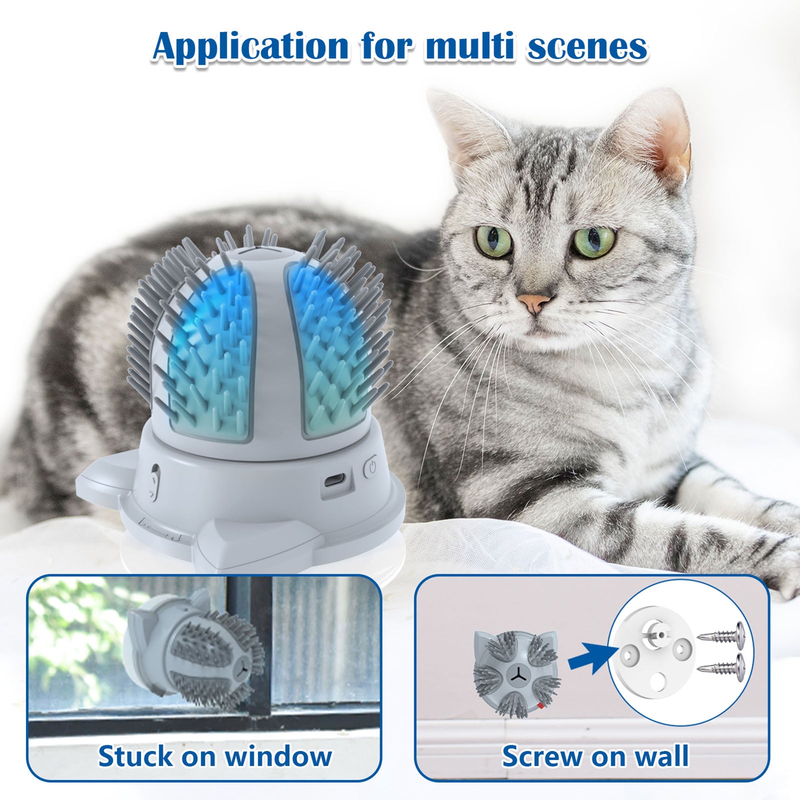 Automatic Cat Self Groomer Smart Cat Massager Self Cleaming Brush Comb 2-Speed Rotating with Color-changing Catnip Cat Interactive