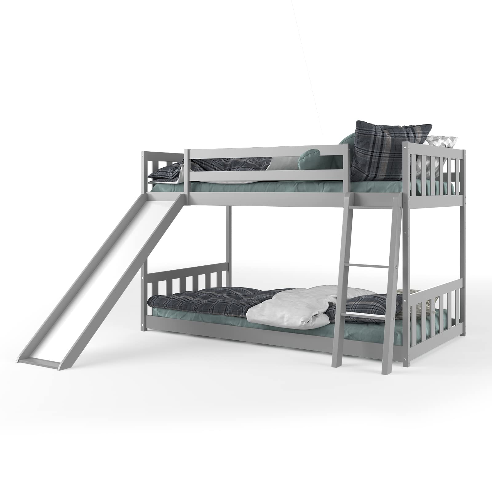 Costzon Twin Over Twin Bunk Bed, Wooden Low Bunk Bed with Slide & Ladder