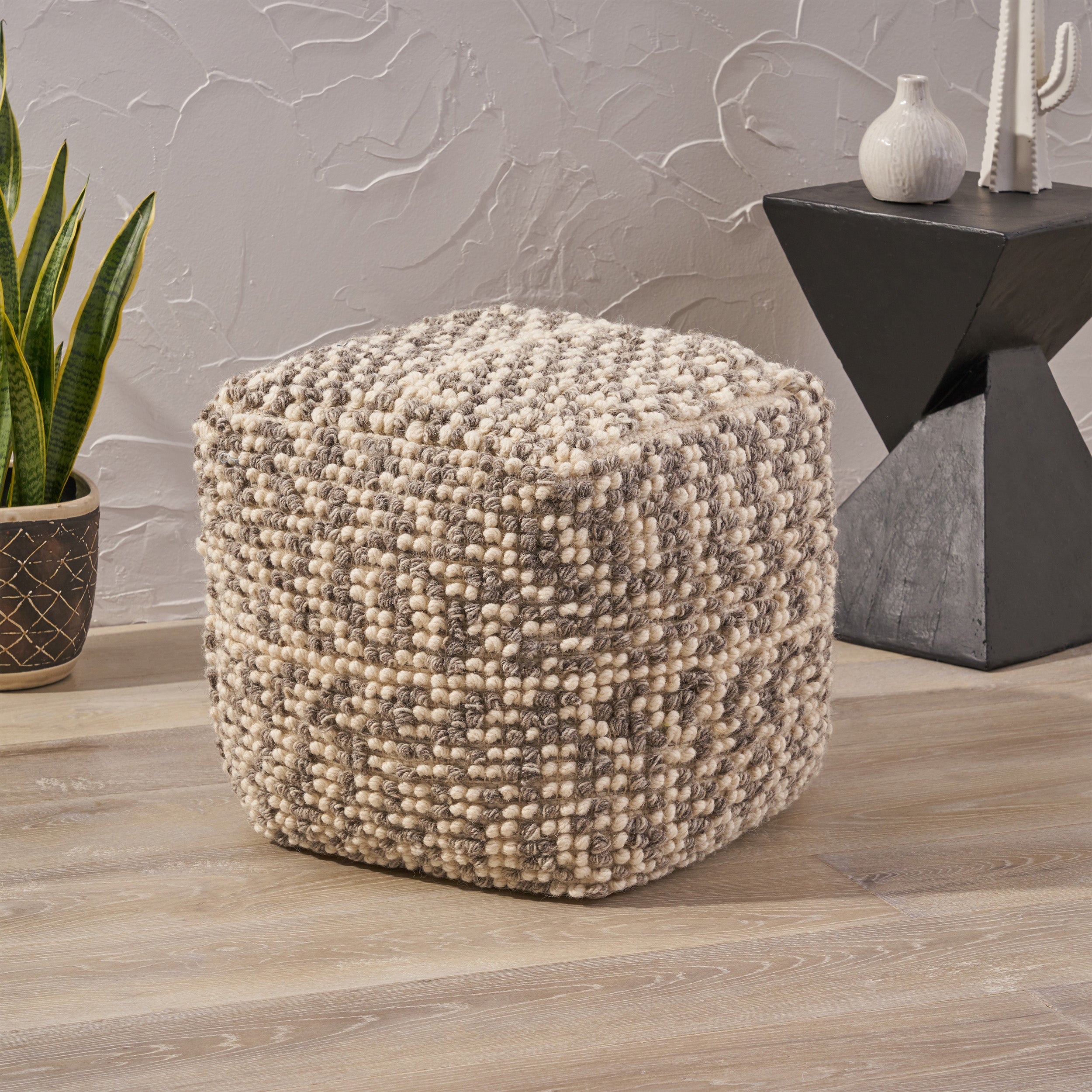 Zoriah Boho Wool and Cotton Ottoman Pouf