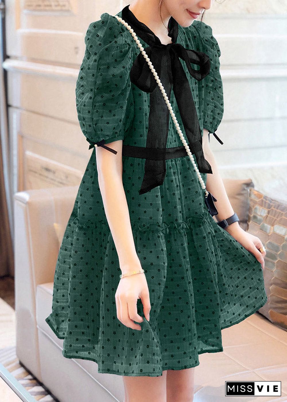 Art Green O-Neck Ruffled Dot Patchwork Bow Chiffon Mid Dress Puff Sleeve