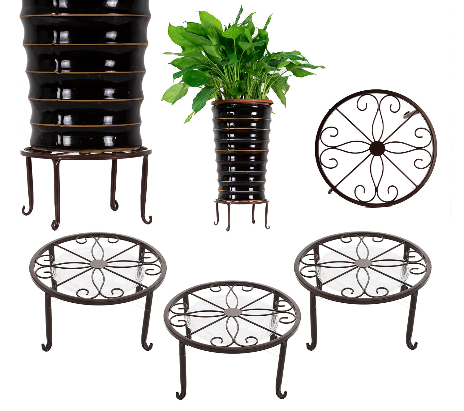 3 Pack Iron Potted Plant Stands for Indoor and Outdoor Flowerpot Holder 9 inches Heavy Duty 50lb Round Rack, Bronze Color