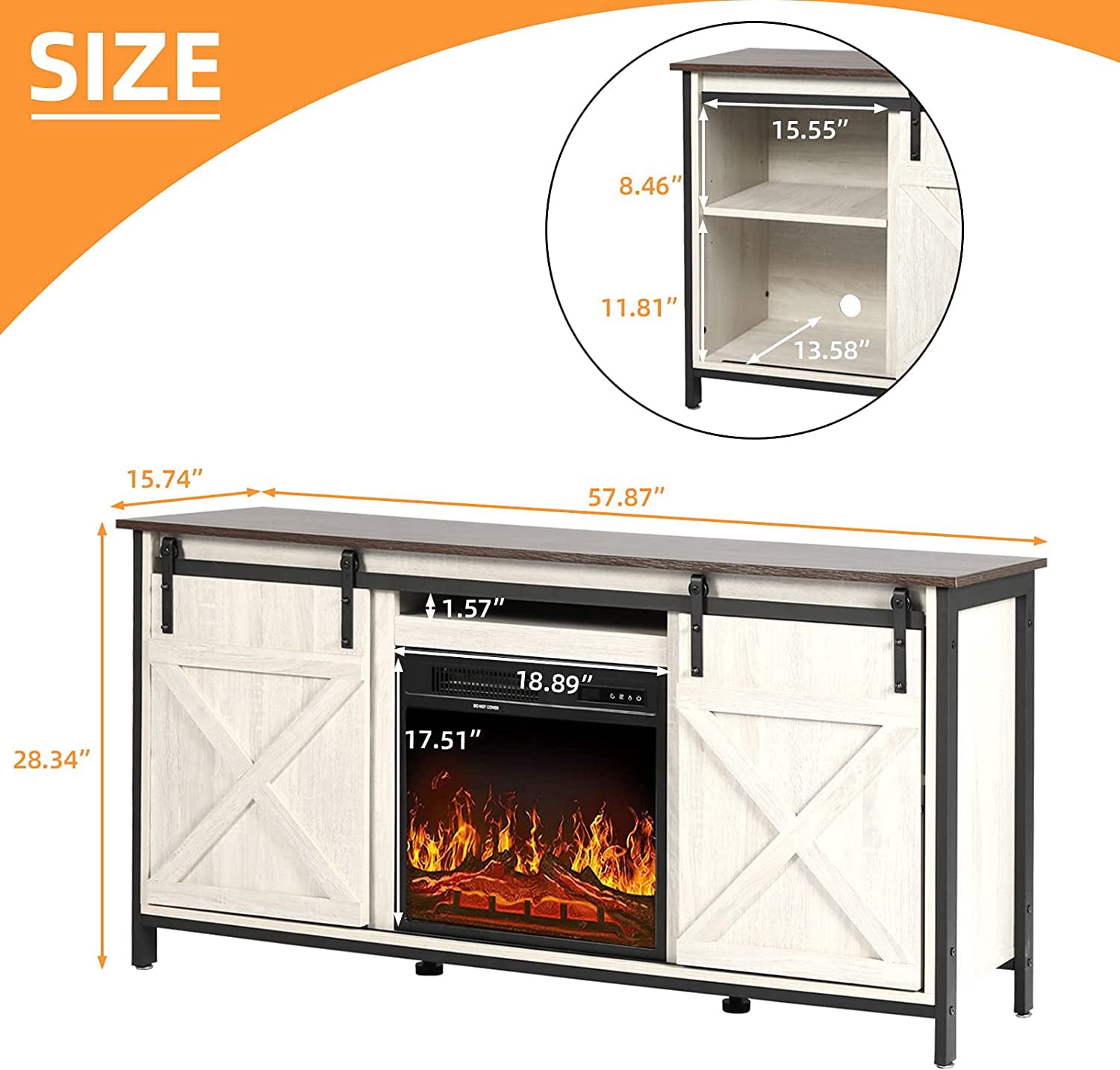 58 Electric Fireplace White TV Stand Up to 65 Inch TV, Entertainment Center with Storage, Sliding Barn Door & Adjustable Shelf, Living Room Bedroom Kitchen