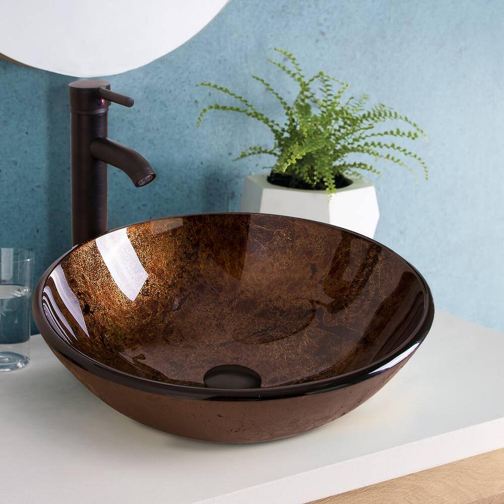 Flynama Solid Tempered Glass Round Bathroom Vessel Sink in Brown with Oil Rubbed Bronze Faucet and Chrome Pop-Up Drain USBR1001