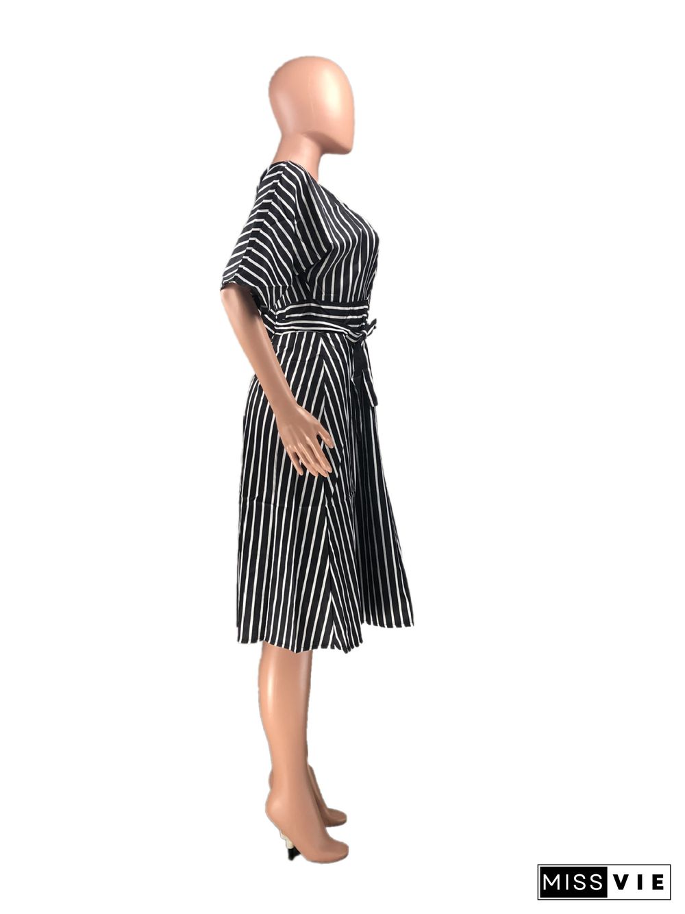 Deep V Neck Short Sleeve Striped Print Midi Dress