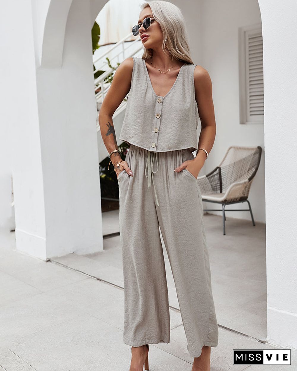 Sleeveless V Neck Button Top With Pants Set