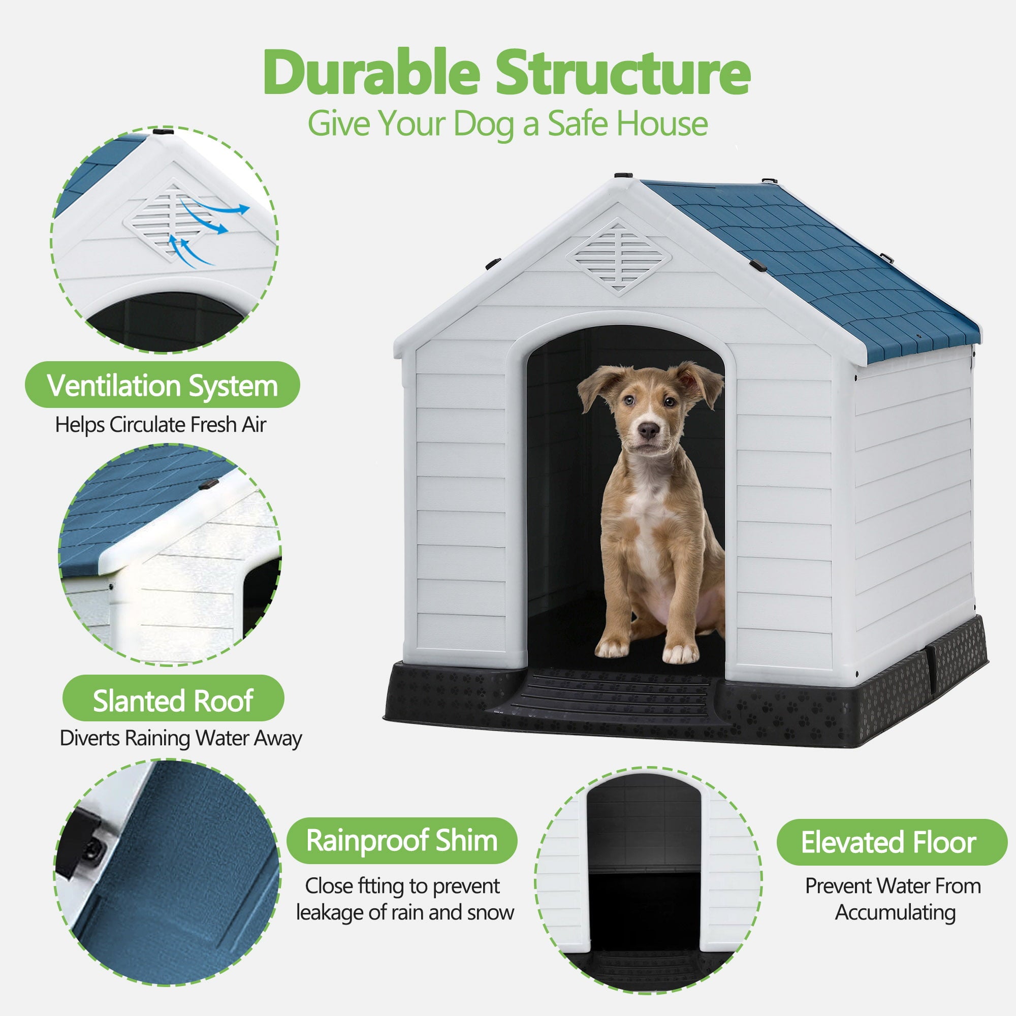 YRLLENSDAN 41/27/ 35 inch Plastic Large Dog House Outdoor， Waterproof Dog Houses for Medium Dogs House with Air Vents and Elevated Floor Indoor Weatherproof Doghouse for Small Dog