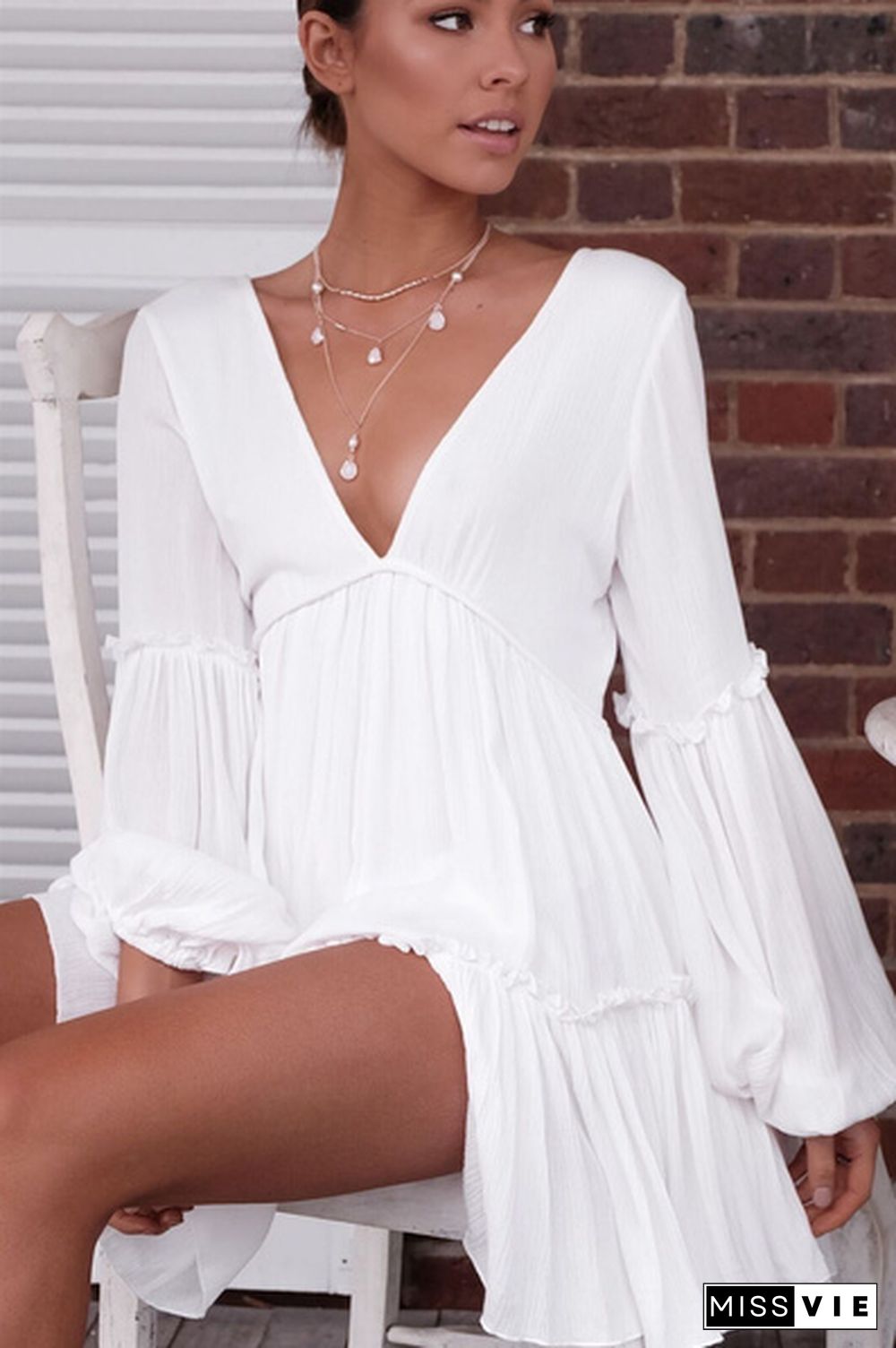 Women Fashion Deep V-neck Long Sleeve Dress Backless White Dress Casual Beach Mini Dress