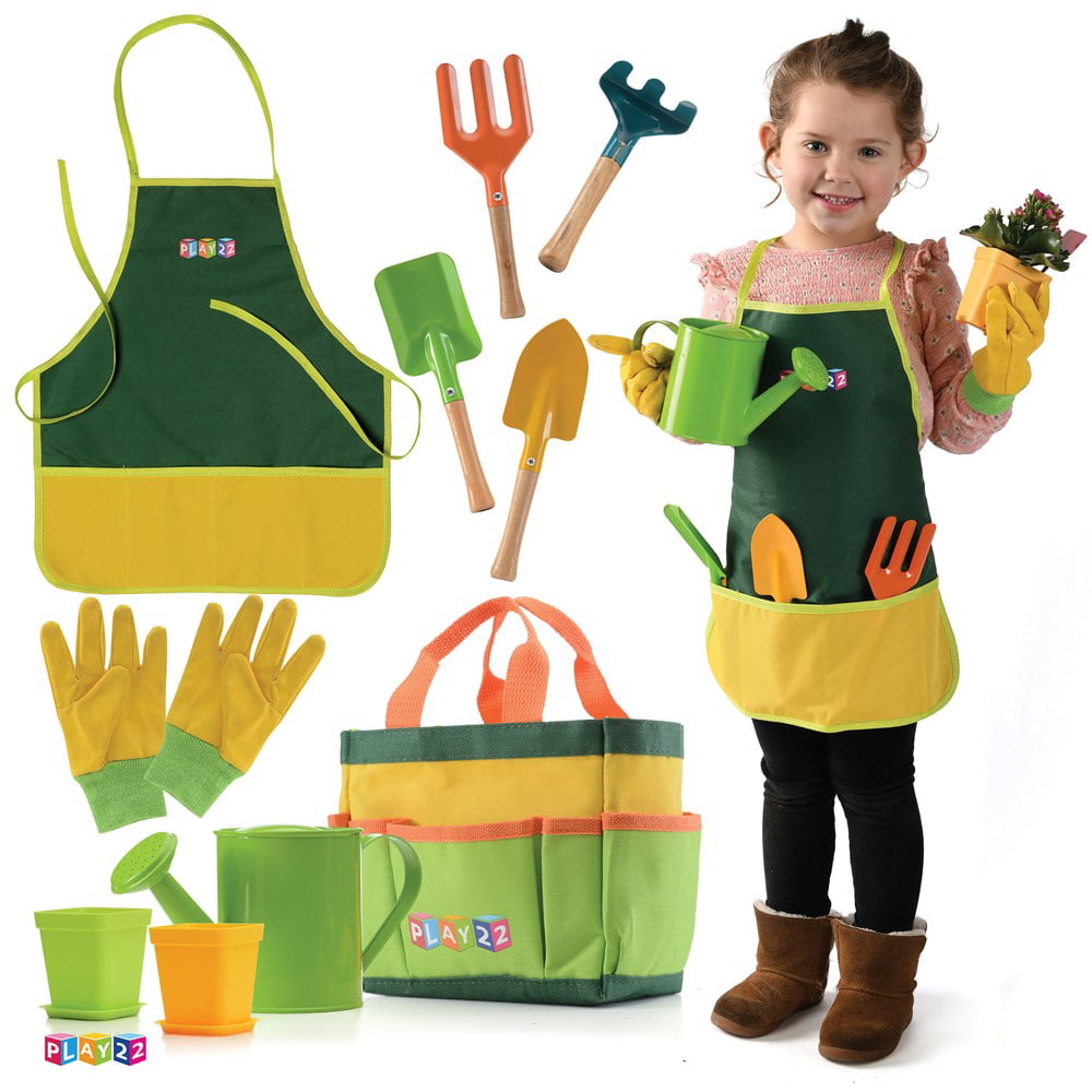 Kids Gardening Tool Set 12 PCS - Includes Shovel, Rake, Fork, Trowel, Apron, Gloves, Watering Can and Tote Bag - Wooden Gardening Tools for Kids - Play22USA