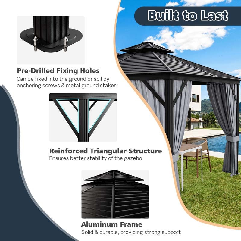 10 x 10 FT Hardtop Gazebo with Netting, Outdoor Patio Metal Gazebo with Galvanized Steel Roof