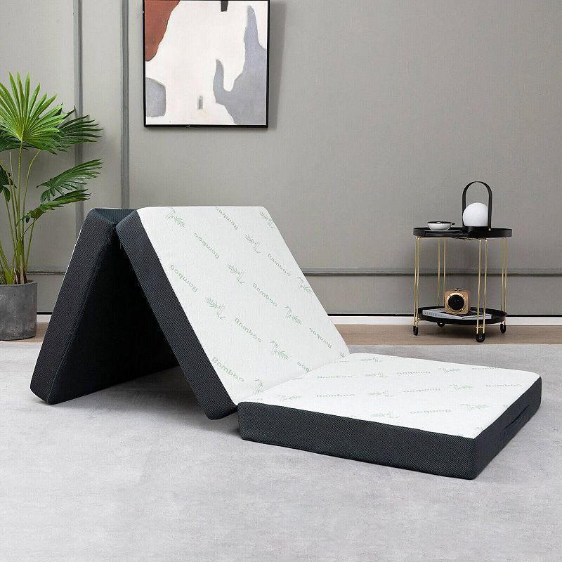 76 x 31 x 4 Inch Tri Folding Foam Mattress with Fiber Cover and Handle-Gray