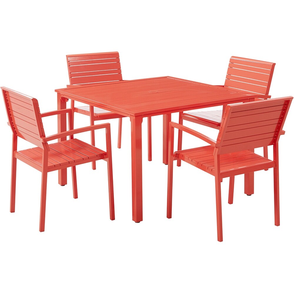 Mod Luna 5 Piece Patio Dining Set in Coral with 4 Slat Dining Chairs and 41 in. Slat Dining Table