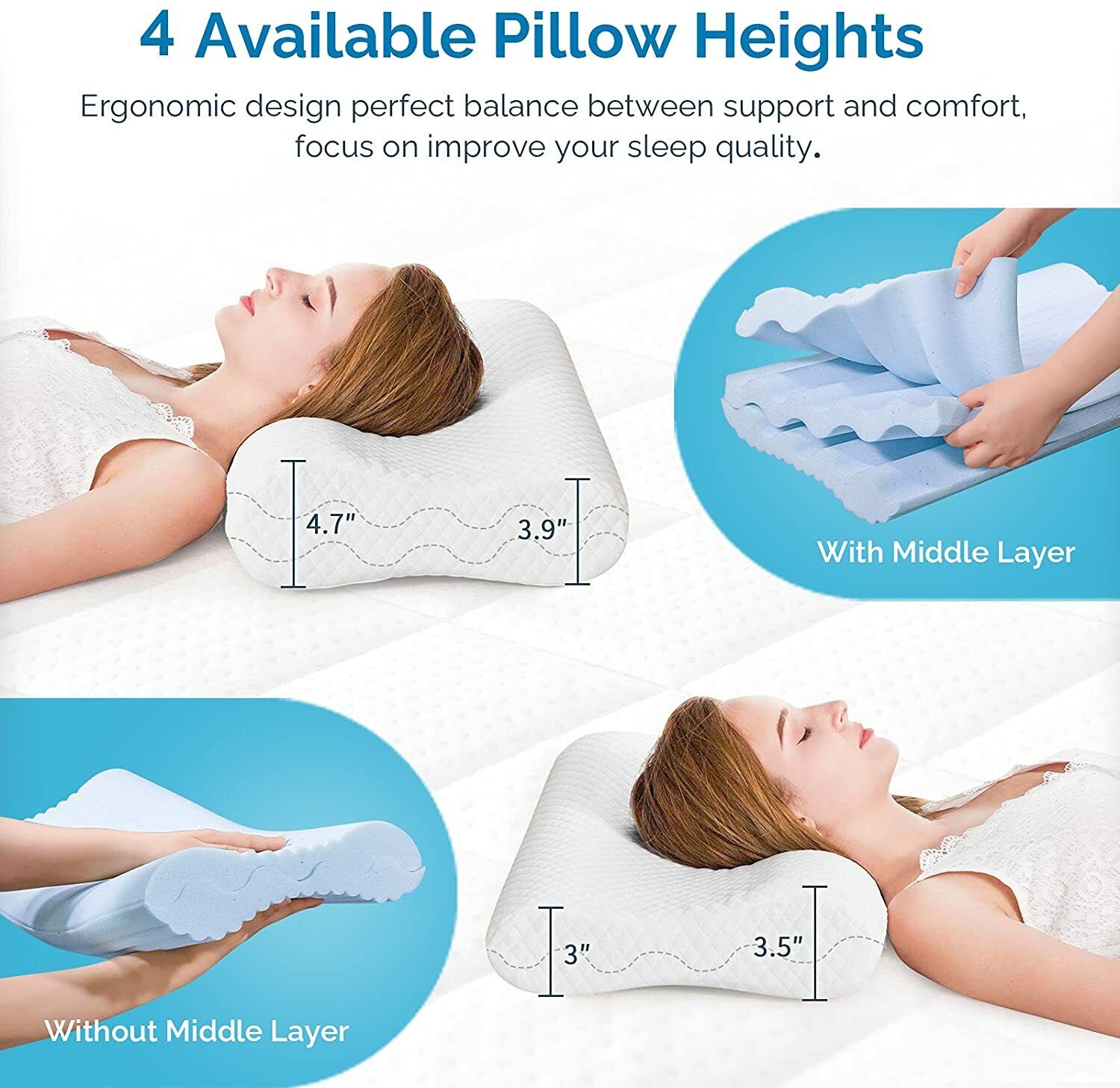 Memory Foam, 3 Layer Adjustable Contour Pillows, Cervical Orthopedic Pillow White