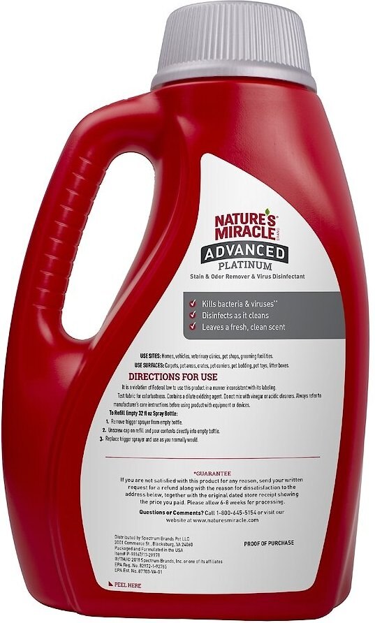 Nature's Miracle Advanced Platinum Dog Antibacterial Stain Remover and Odor Eliminator Refill， 64-oz bottle