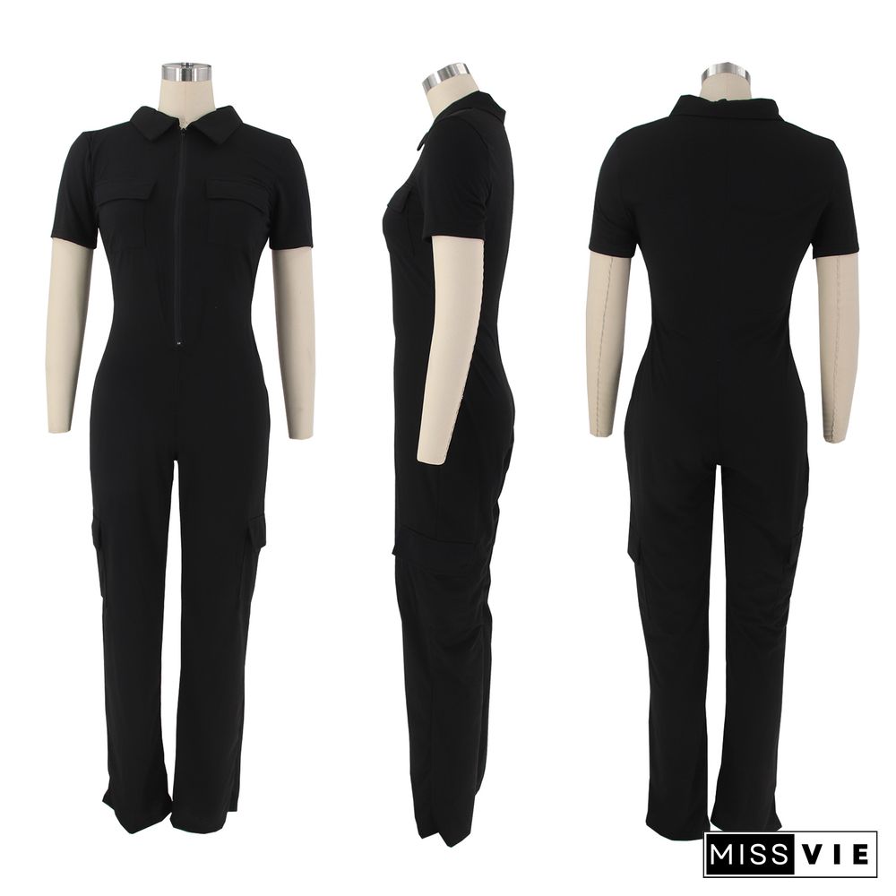 Turn Down Collar Zipper Pockets One Piece Jumpsuit