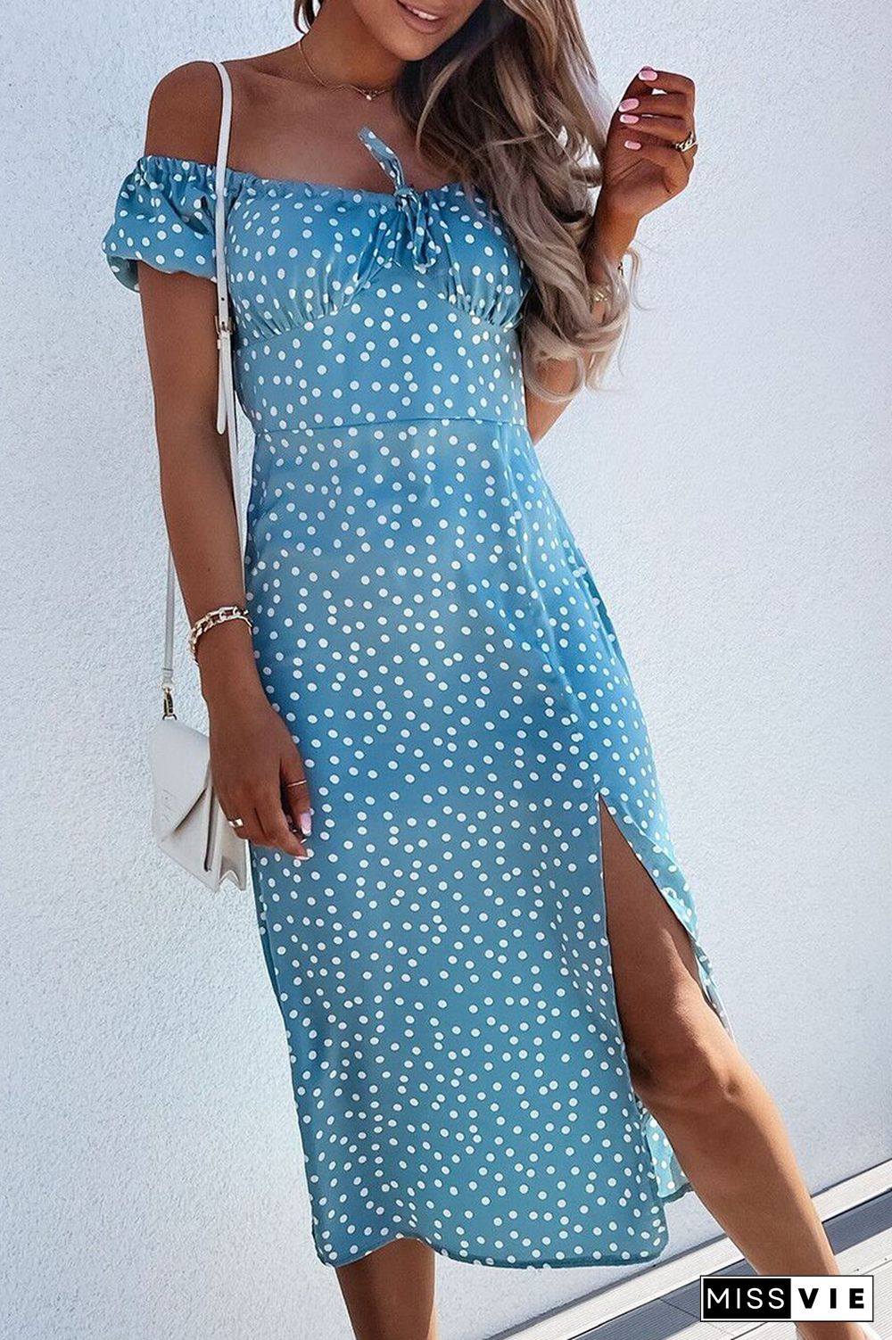 Fashion Elegant Floral Polka Dot Frenulum Slit Off the Shoulder A Line Dresses