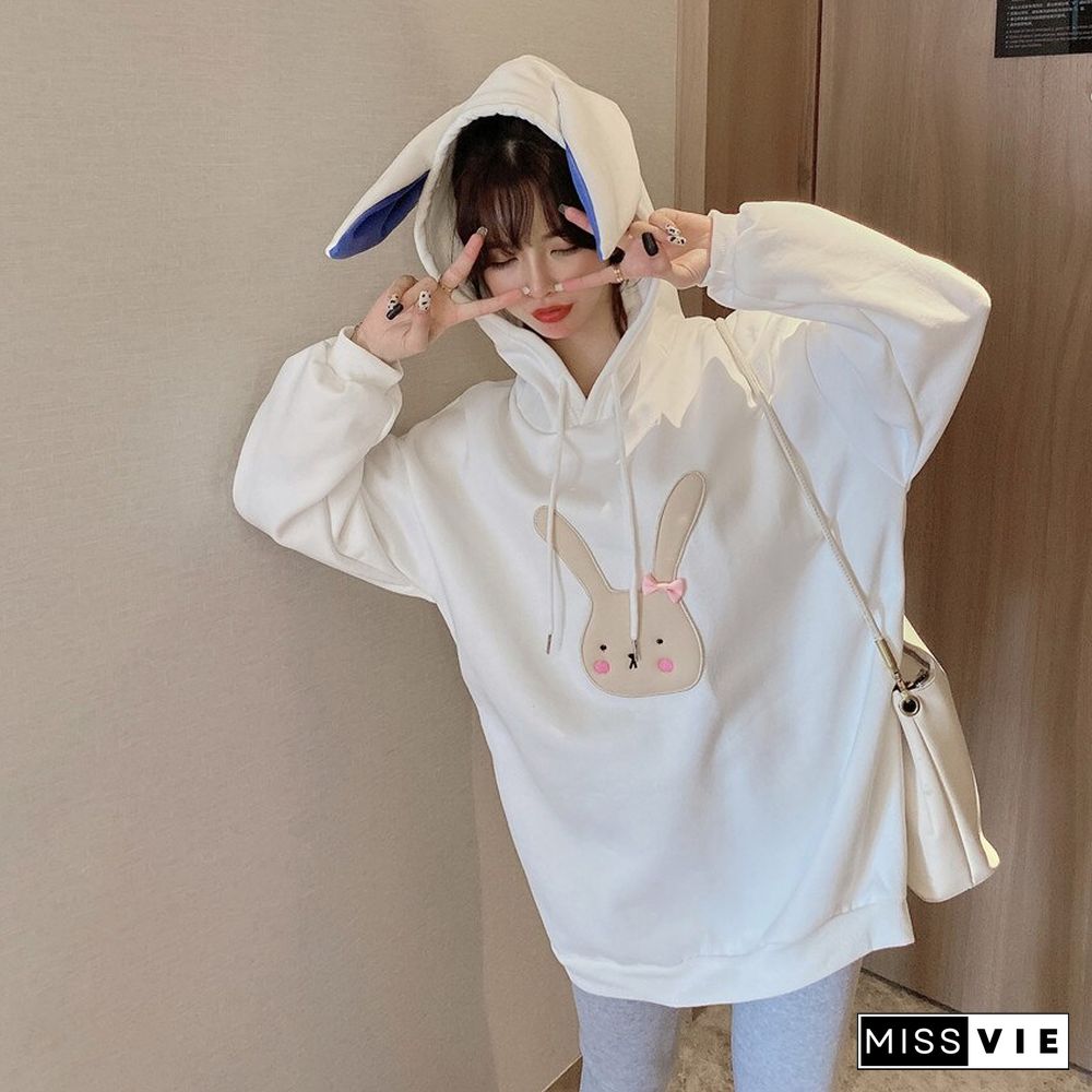 Winter Kawaii Rabbit Hooded Sweatshirt Women Preppy Style White Hoodies Female Oversize Pullover Tops Clothes For Teens