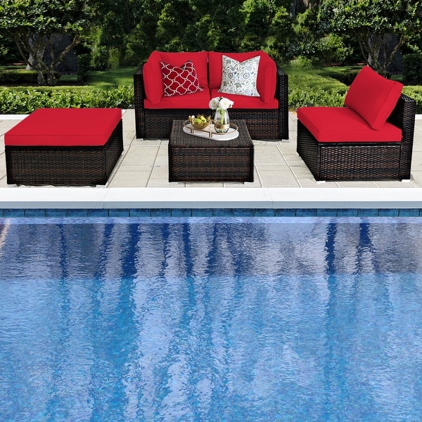 Gymax 5PCS Rattan Patio Conversation Set Outdoor Furniture Set w/