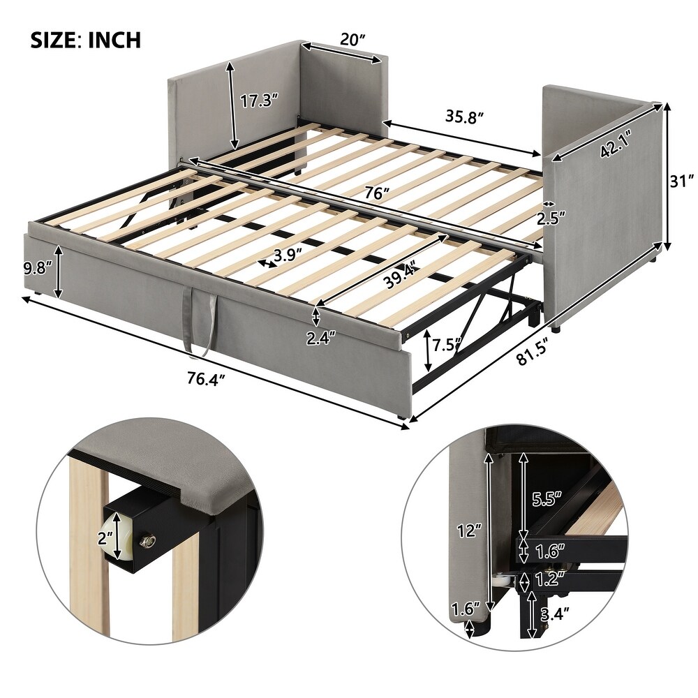 Twin Size Upholstered Daybed with Pop up Trundle  Wooden Sofa Bed Frame with Wood Slat Support for Bedroom  Living Room