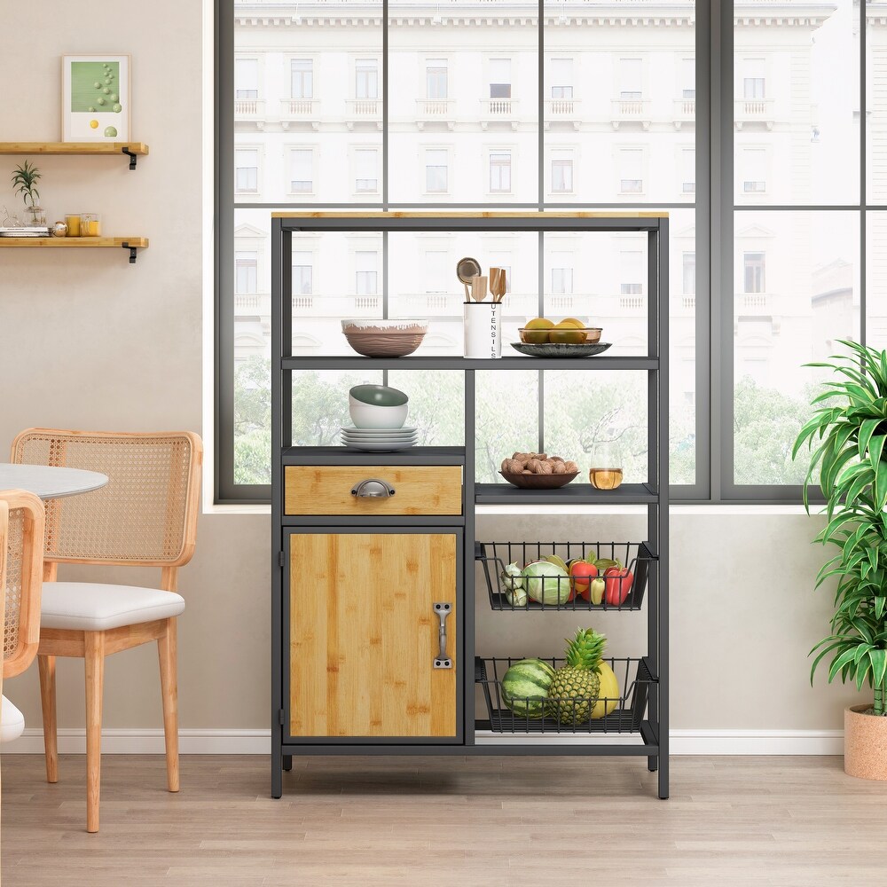 Bookshelf Storage Rack with Drawer Cabinet and Two Storage Baskets