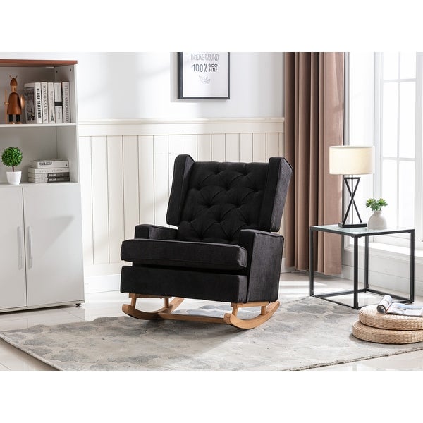 Comfortable Rocking Chair Accent Chair with Fabric Padded Seat， Living Room Square Arm Rocking Chair with Solid Wood Frame