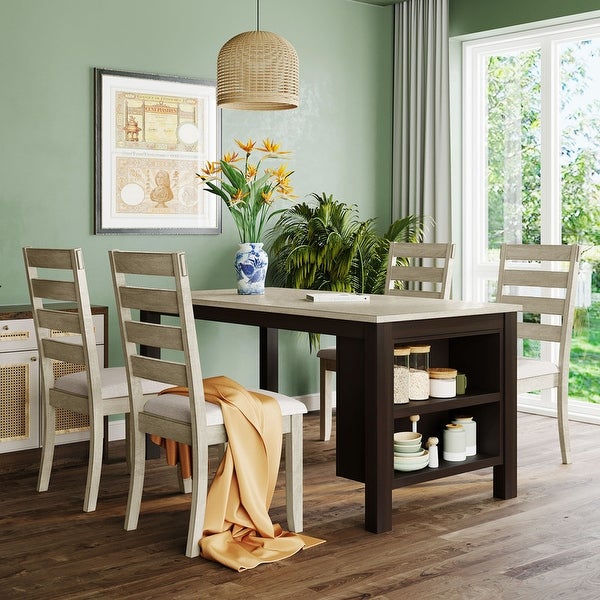 Farmhouse kitchen table set with 2 shelves and 4 upholstered dining chairs， 5 piece table set