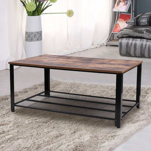 Retro Industrial Coffee End Table with Storage Mesh Shelf