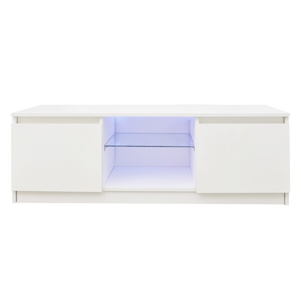 White LED TV Stand Cabinet with Lights with Storage Drawers， Entertainment Center Media Console Table