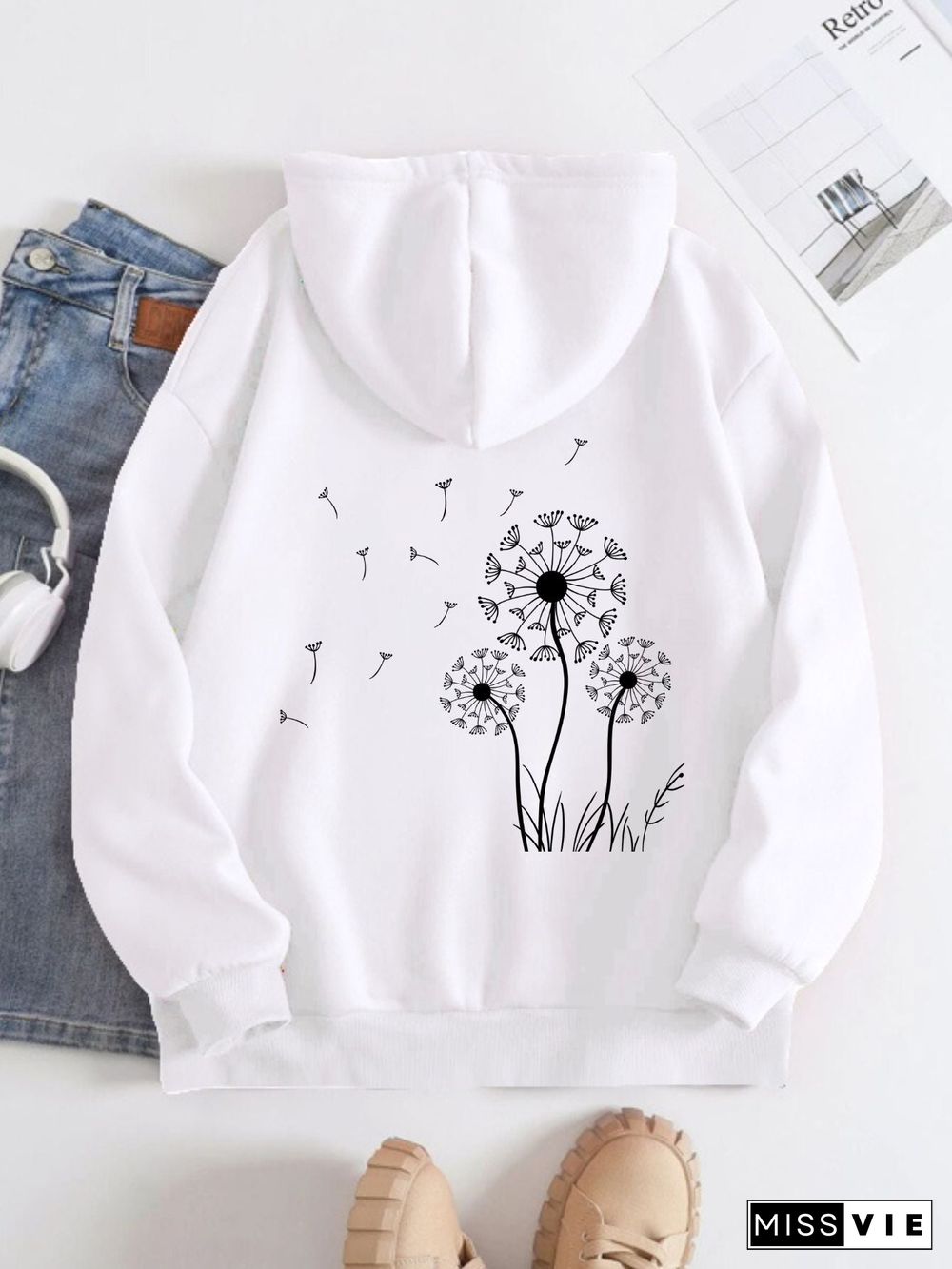 Printed on the Back Kangaroo Pocket Hoodie Long Sleeve for Women Pattern Dandelion