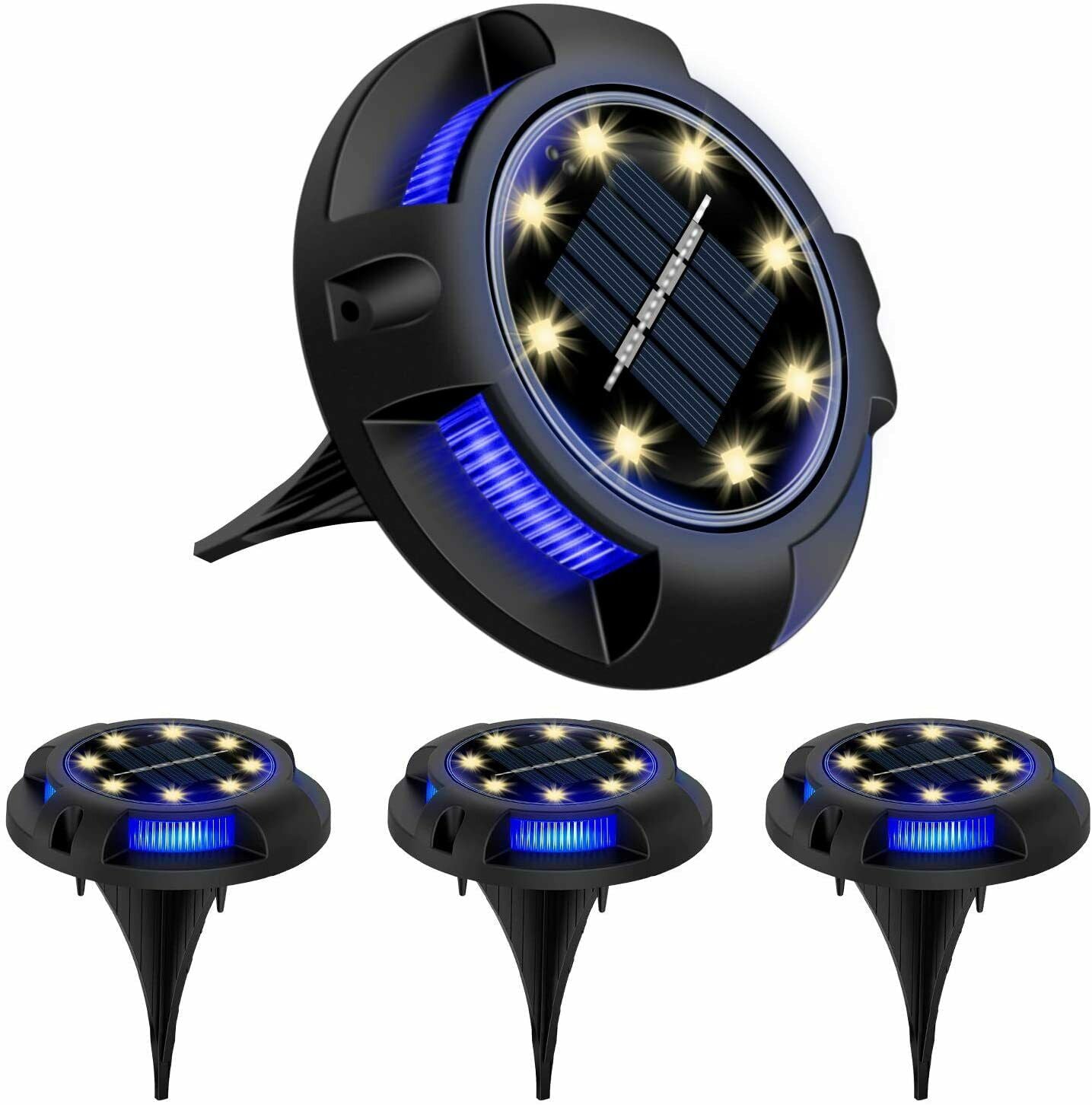 Solar Ground Lights， 8 LED Disk Lights Solar Powered Waterproof In-Ground Lights For Garden， Lawn， Pathway， Yard (Warm+Blue) (4pcs)