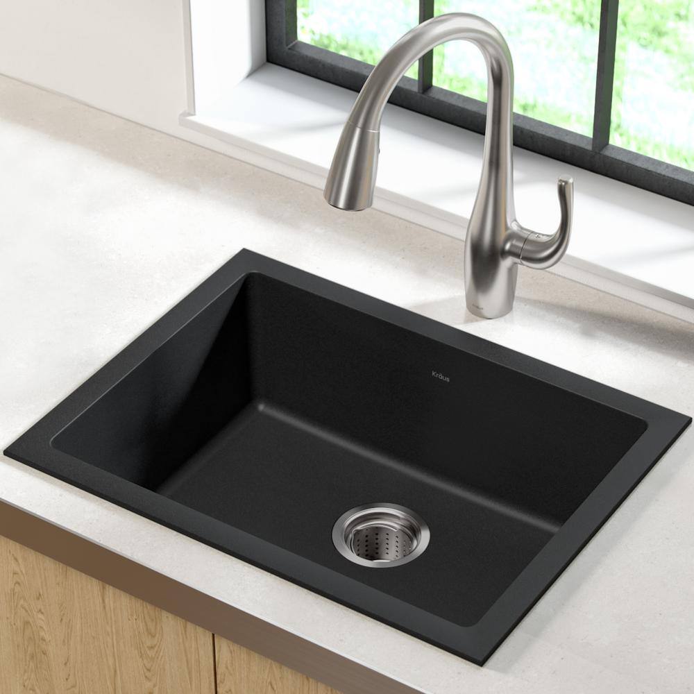 KRAUS Drop-inUndermount Granite Composite 24 in. Single Bowl Kitchen Sink Kit in Black KGD-410B