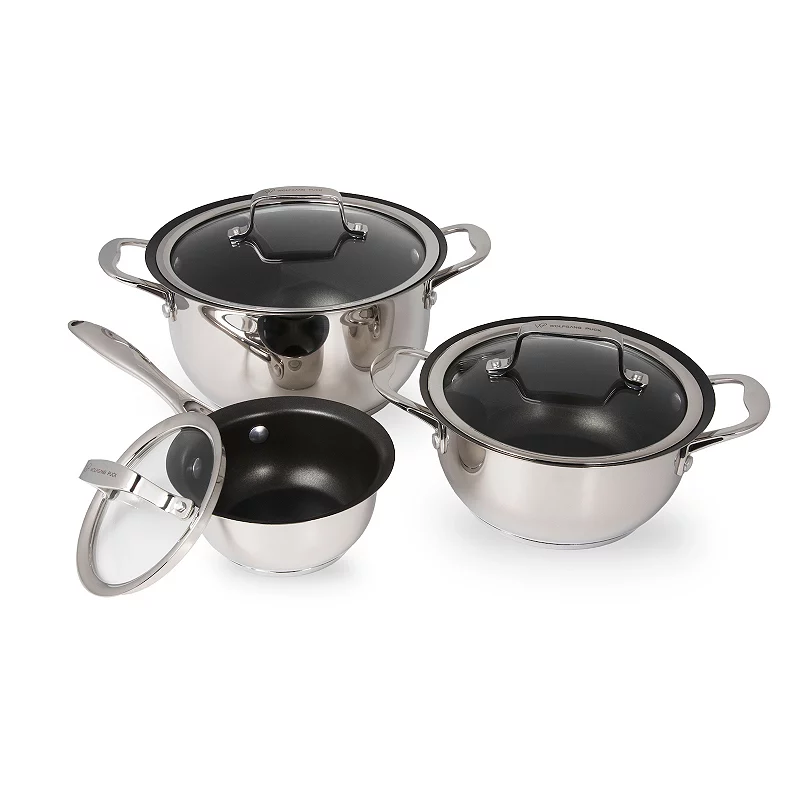 Wolfgang Puck 6-Piece Stainless Steel Pots and Pan Set; Scratch-Resistant Non-Stick Cookware， Clear Tempered-Glass Lids， Cool Touch Handles， Extra-Wide Rims for Easy Pouring