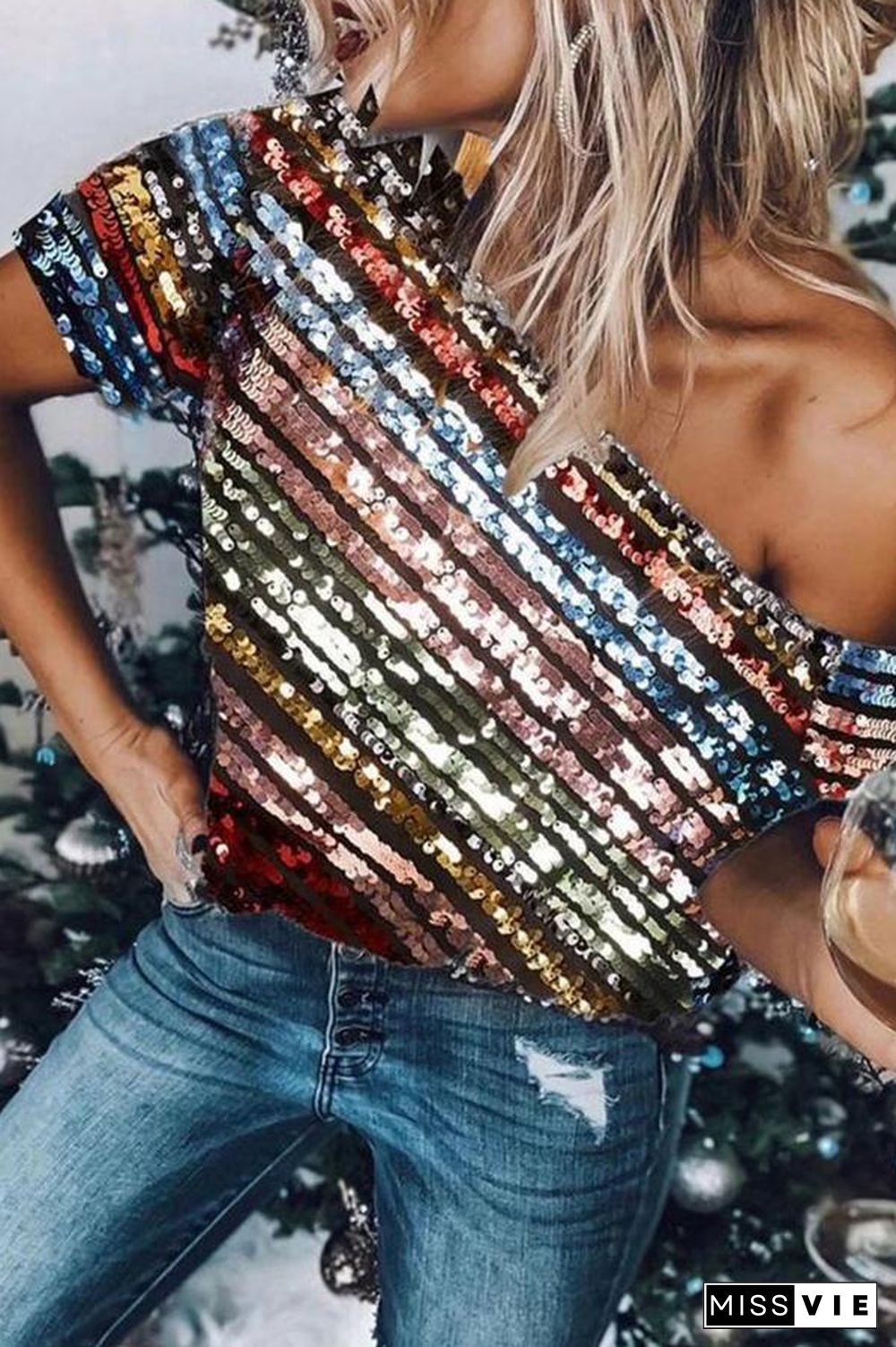 Sexy Sequined Tailored Cutout T-Shirt P14680