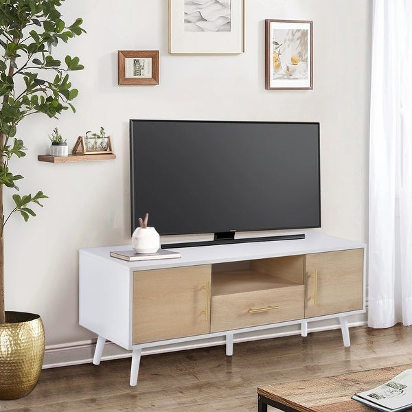 Anmytek Mid-Century Modern TV Stand for TVs up to 55 inch， Boho Media Console Table with Storage Cabinet and Drawer