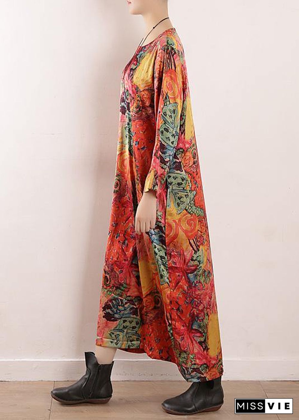 Handmade orange print chiffon Robes Korea Wardrobes o neck Maxi fall Dresses