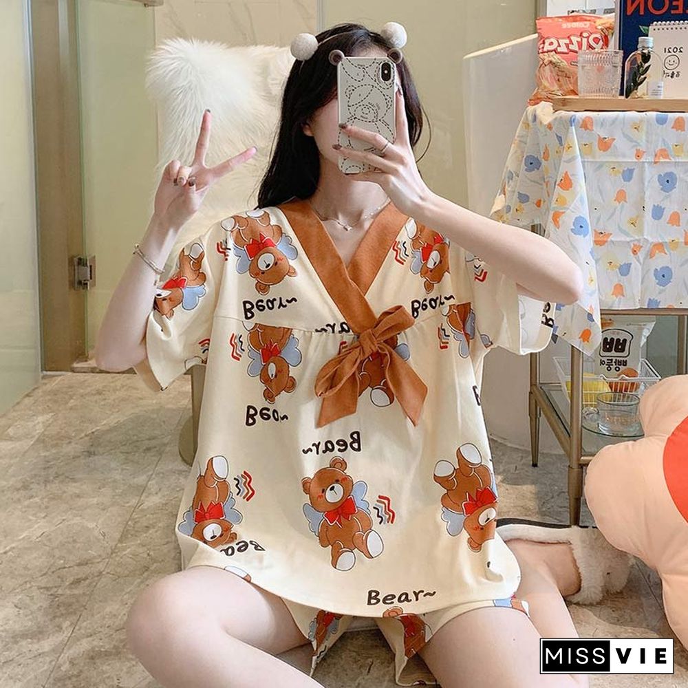 Cute Cartoon Bear Print T-shirt Shorts Pajamas Two Pieces Set