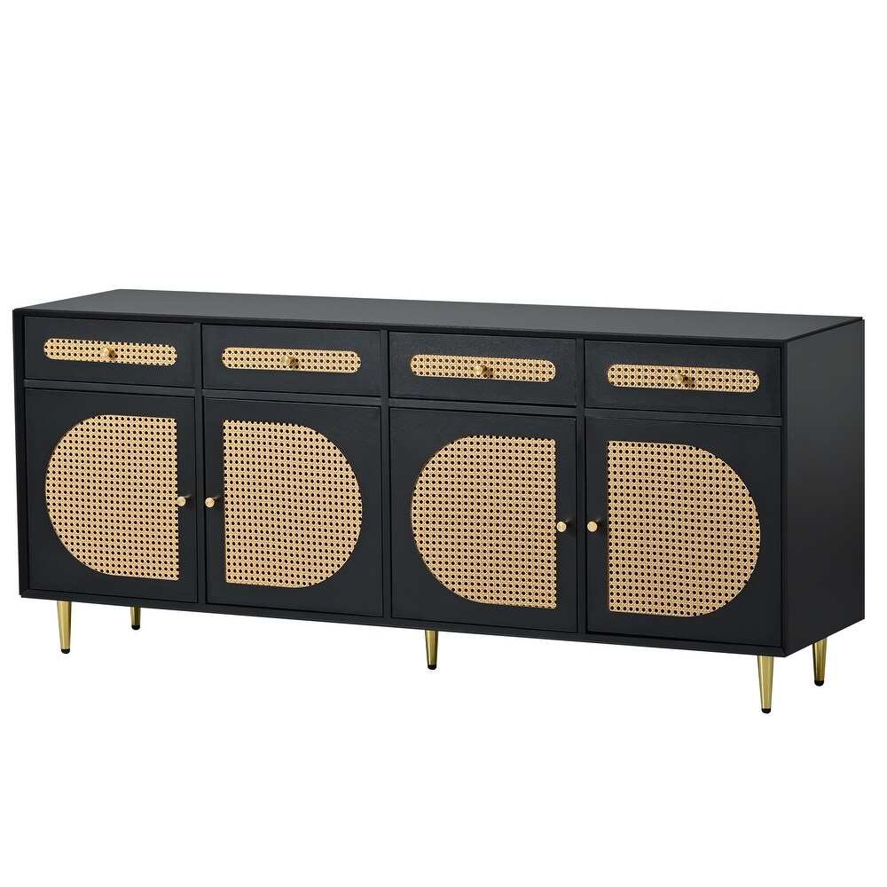 Modern TV Stand with Rattan Cabinets and Adjustable Shelves  Golden Base  Accommodates 65\