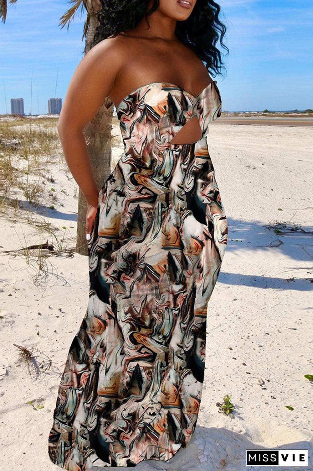 Lake Green Sexy Casual Print Hollowed Out Backless Strapless Long Dress Dresses