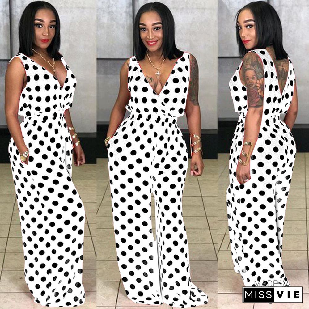 Wave Dot Printed V-neck Sleeve Women Loose Jumpsuits