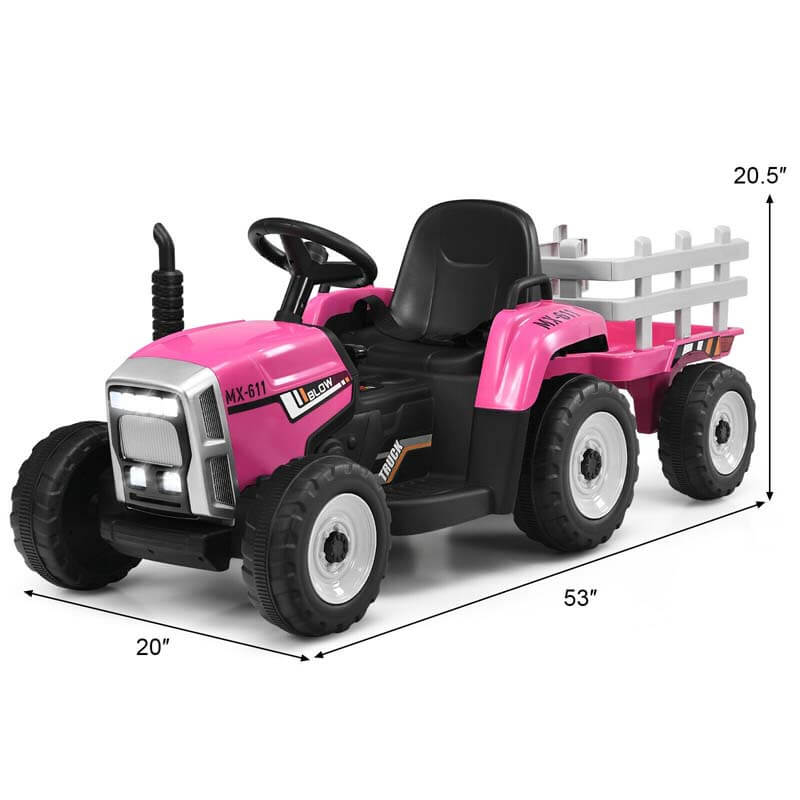 Kids Ride on Tractor w/Trailer 12V Battery Powered Electric Riding Toy Car Vehicle with 3-Gear-Shift Ground Loader