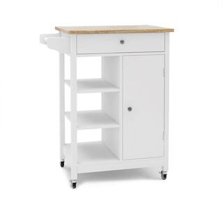 Tileon White Kitchen Island Cart with Rolling Wheel  Wood Table Top  Towel Rack Kitchen Trolley with Ample Storage Space AYBSZHD140