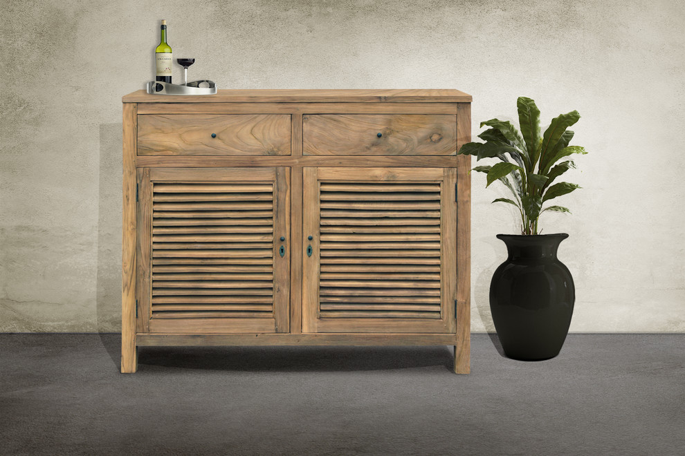 Recycled Teak Wood Louvre Cabinet With 2 Doors and 2 Drawers   Transitional   Accent Chests And Cabinets   by Chic Teak  Houzz