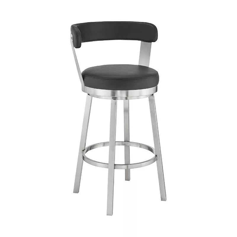 Swivel Barstool with Open Back and Metal Legs， Black and Silver