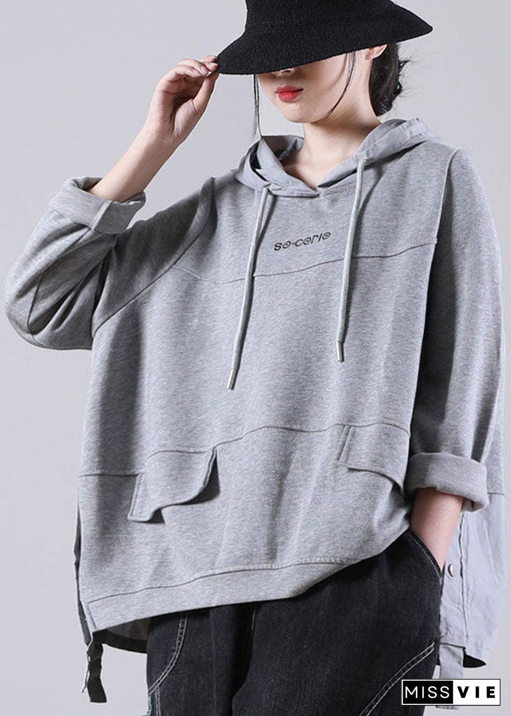 Comfy Grey Hooded drawstring Graphic Fall Patchwork Sweatshirts Top