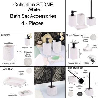 Stone 4-Pieces Bath Accessory Set with Soap Pump Tumbler Soap Dish and Toilet Brush Holder in Polyresin White SET4STONE100